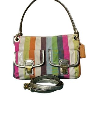 COACH POPPY LEGACY stripe sequin canvas satchel shoulder bag Metallic Trim Nice